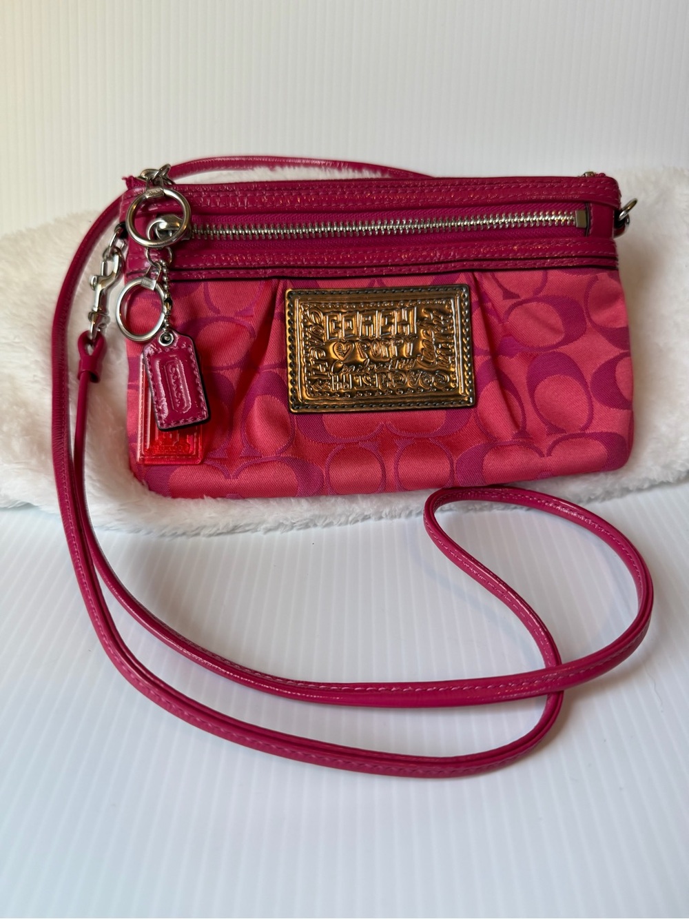 Coach Poppy Hot Pink Signature Crossbody Wristlet